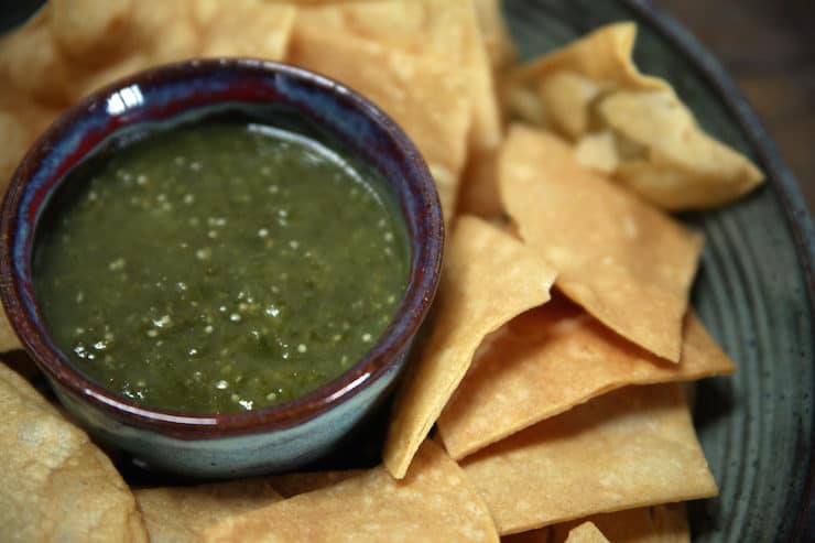 easy salsa verde recipe surrounded with tortilla chips