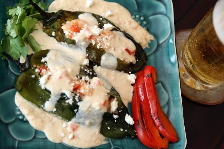 Chiles Rellenos de Camarones y Queso (Cheese and Shrimp Stuffed Poblanos) -  Muy Bueno