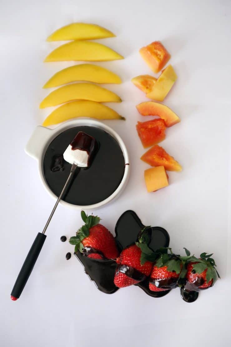 mango papaya strawberries with chocolate fondue 