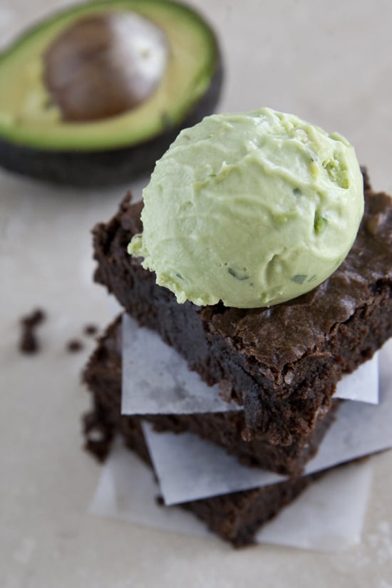 Avocado Chili Brownies topped with Avocado Tequila Ice Cream