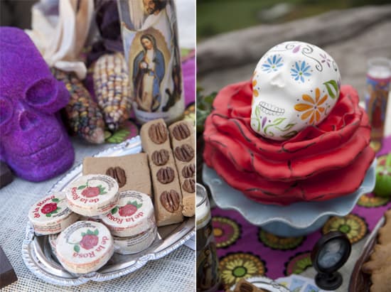 Mexican candy and veladora sugar skull cake on altar
