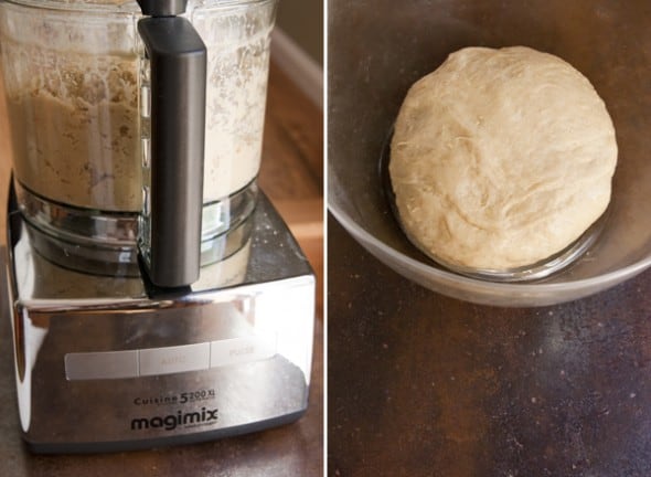 two photos one of processor with dough and a bowl with ball of dough resting