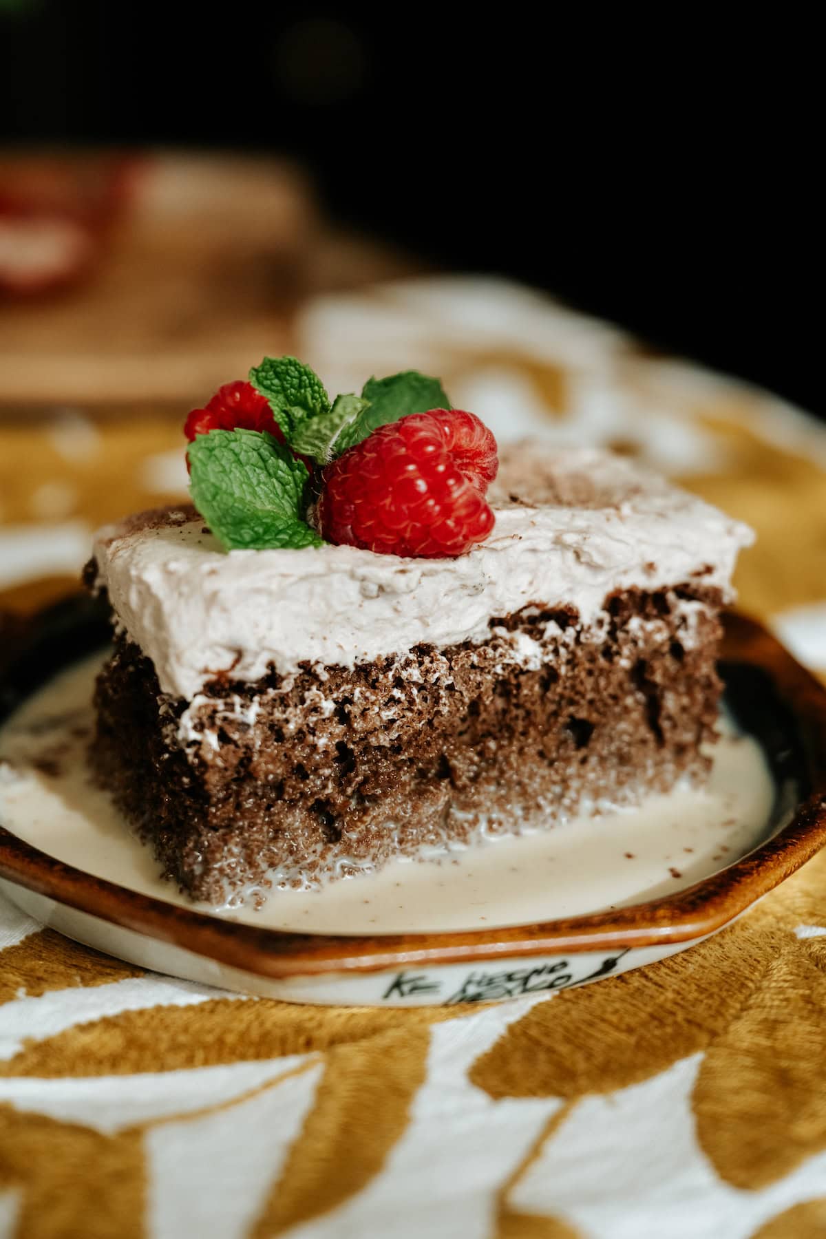 A slice of Chocolate Tres Leches Cake topped with chocolate whipped cream, raspberries, and chocolate shavings.