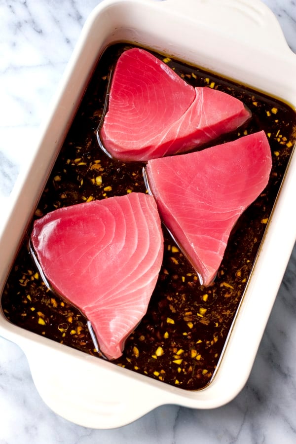 casserole dish with a tangy and salty marinade for Seared Ahi Tuna