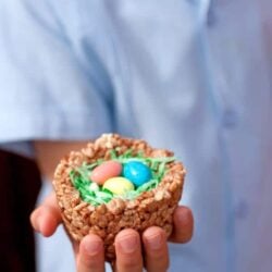 Holding one of the Rice Krispies Easter Nests in a right hand