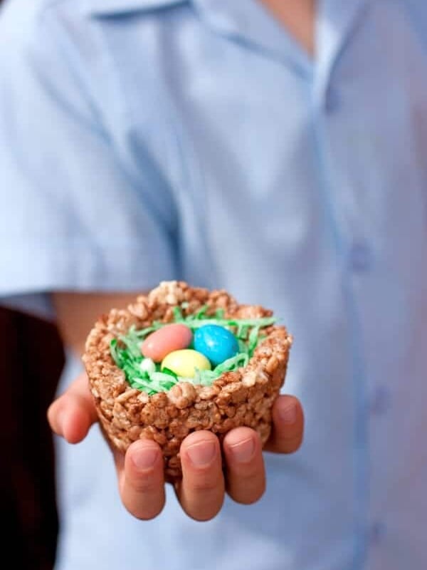 Holding one of the Rice Krispies Easter Nests in a right hand