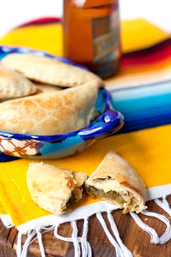 Hatch Green Chile and Cheese Empanadas on a Mexican serape runner