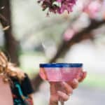 Woman holding a pink prickly pear margarita in a colorful Mexican glass beneath blooming pink flowers, inspired by the desert flavors of El Paso, Texas.