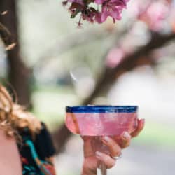 Woman holding a pink prickly pear margarita in a colorful Mexican glass beneath blooming pink flowers, inspired by the desert flavors of El Paso, Texas.
