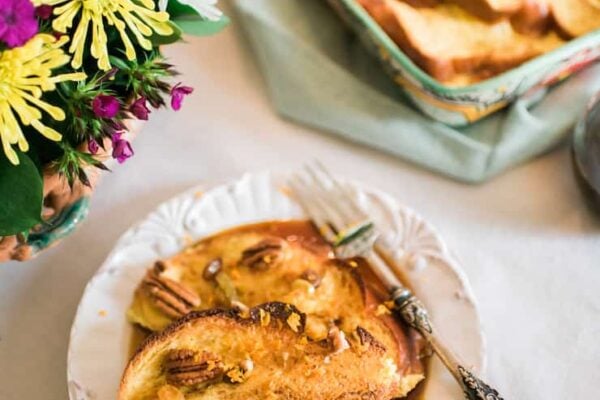 Baked Mexican French Toast served with flowers on the side