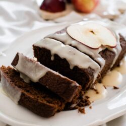 chocolate bread with bourbon glaze on a white plate