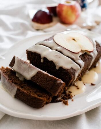 chocolate bread with bourbon glaze on a white plate