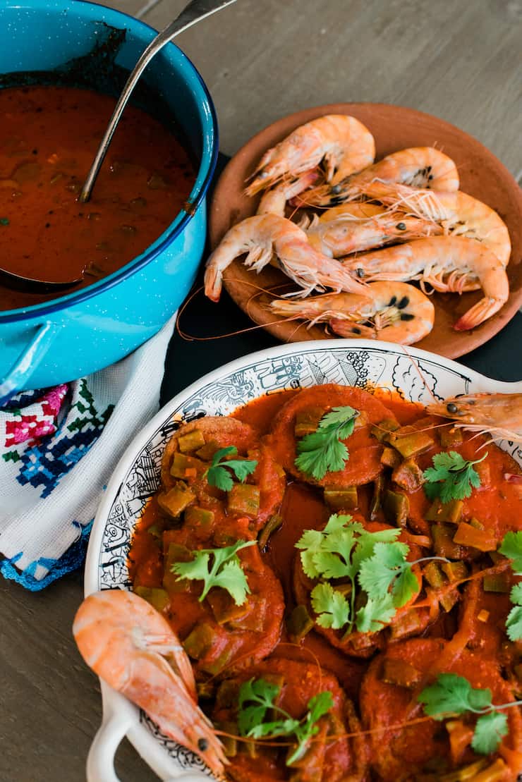 Tortitas de Camarón con Nopales (Mexican Dried Shrimp Patties with Red Chile Sauce and Cactus)