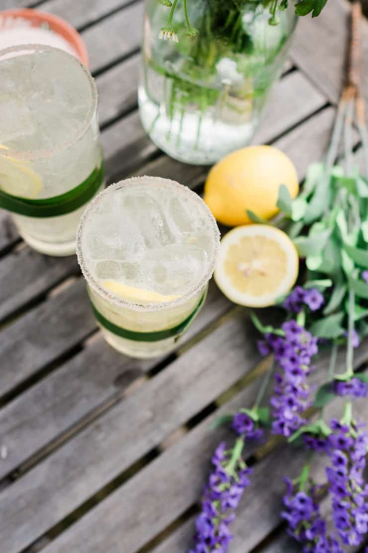 Overhead shot on Lavender Lemon Margarita served in glasses