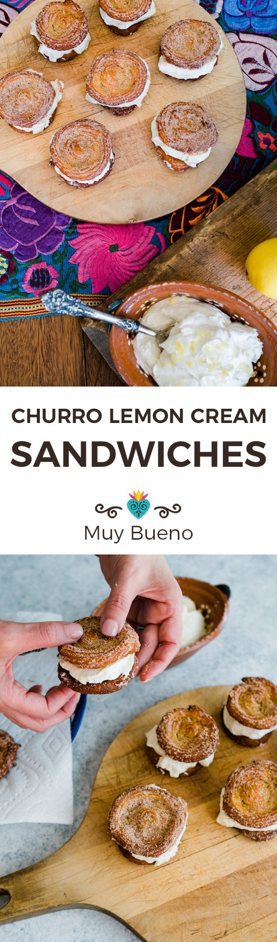 vertical pinterest pin with two photos from above separated with text overlay that reads "Churro Lemon Cream Sandwiches" followed by the branded Muy Bueno blog icon and name.