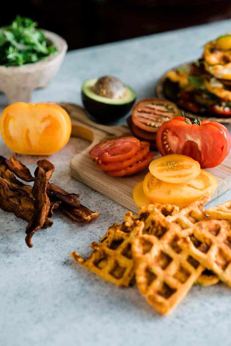 All of the elements of the savory blt waffle recipe before assembly