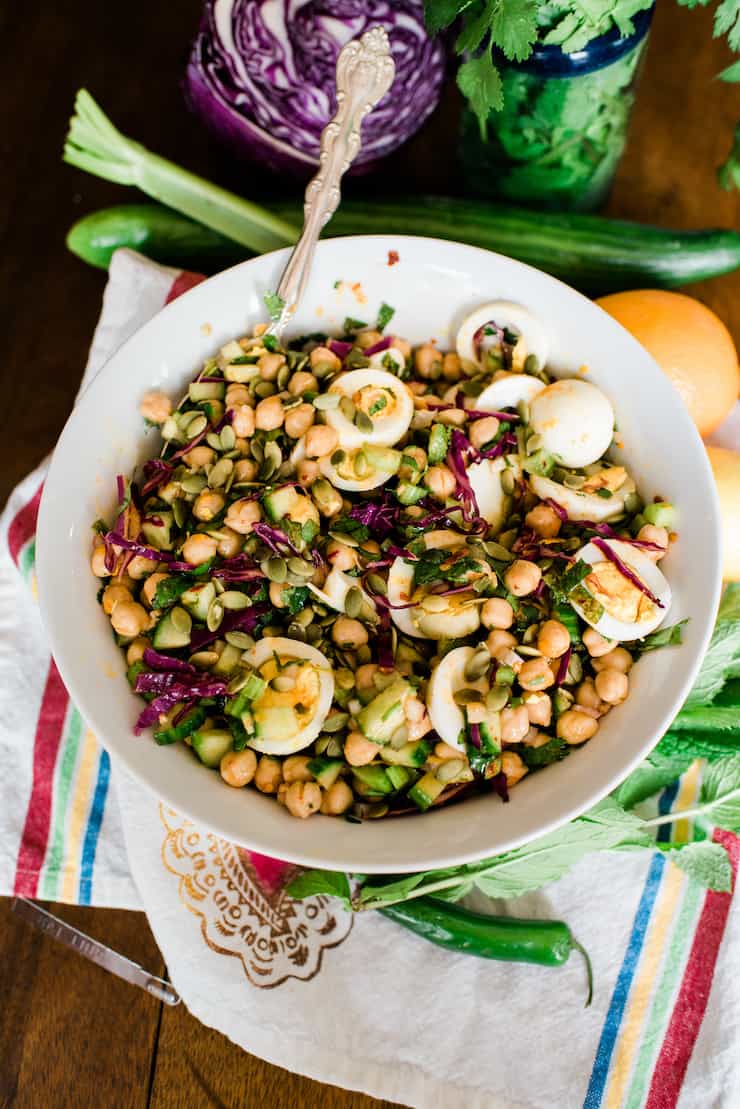 Spicy Chickpea Salad with Cucumbers, Cilantro, & Eggs