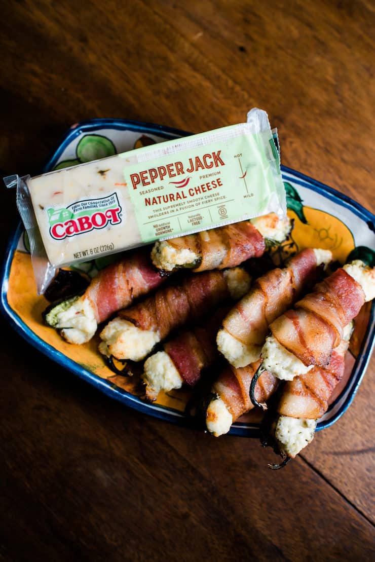 Cabot Pepper Jack Cheese for the jalapeño popper party appetizer recipe, next to finished product