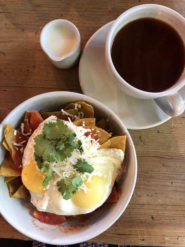Bowl of chilaquiles and cafe American from Eno in Mexico City