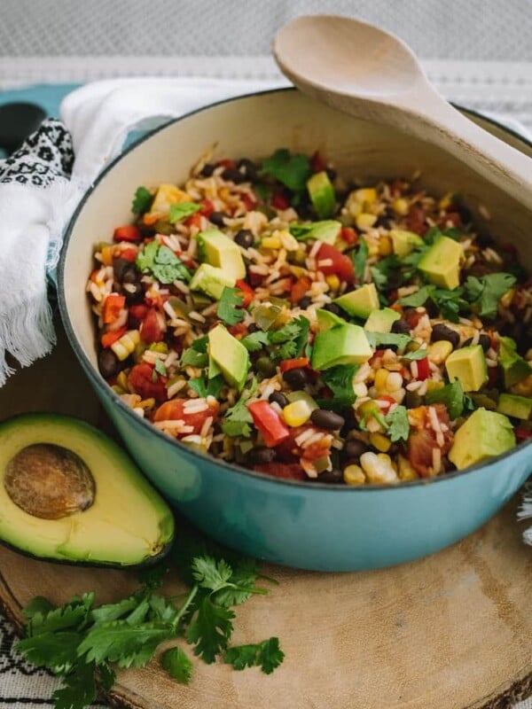 overhead shot of a pot of one pot Southwestern rice