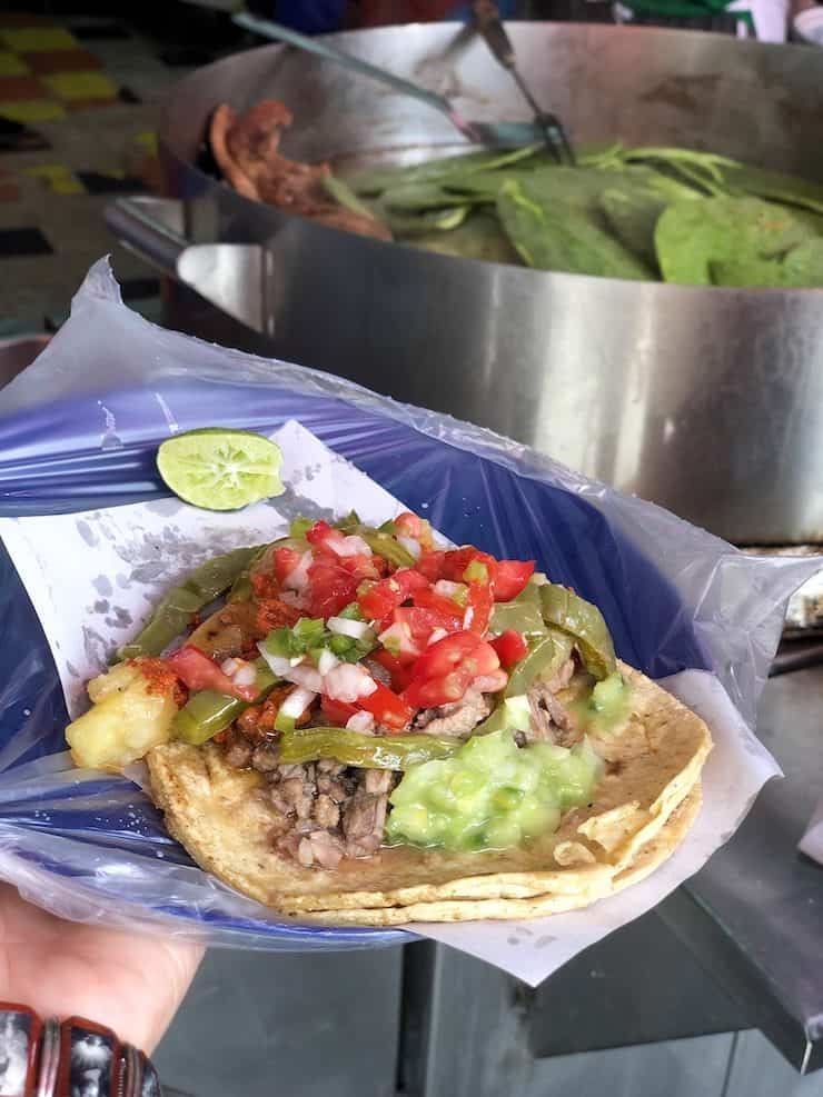 holding a plate with taco campechano from Taquería Gonzalez 