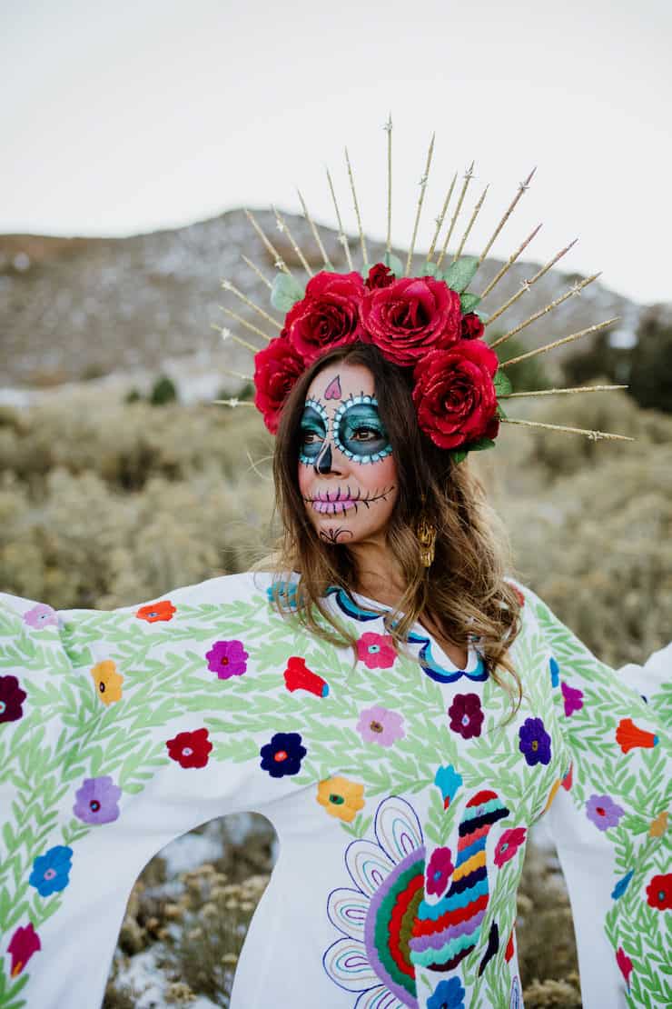 La Calavera Catrina sugar skull makeup red rose crown headpiece 