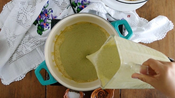 poblano cream sauce mixture being cooked with butter for making spaghetti verde.