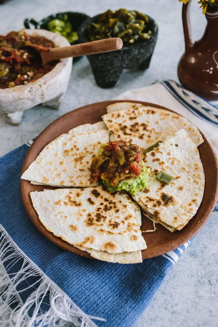 Green Chile and Cheese Quesadilla served with guacamole and salsa