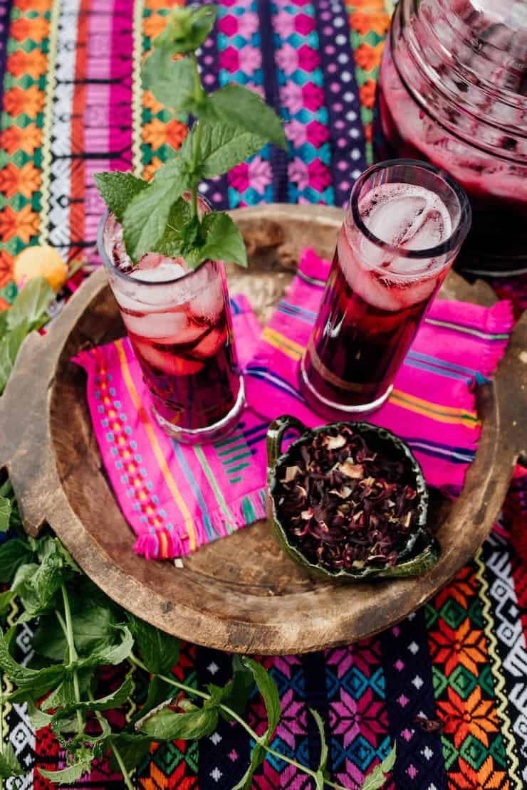 Agua de Jamaica or Hibiscus Tea ready and served on a tray