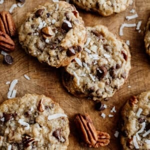 Chewy cowboy cookies with chocolate chips, oats, and pecans