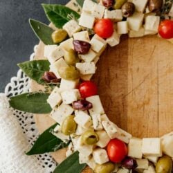 side shot of a christmas wreath shaped cheese board