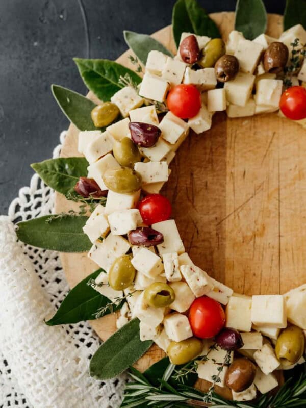 side shot of a christmas wreath shaped cheese board