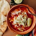 Overhead on the delicious Red Chicken Pozole Bowl