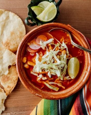 Overhead on the delicious Red Chicken Pozole Bowl