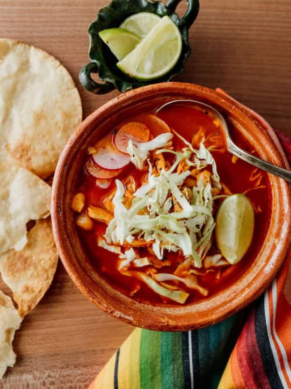 Overhead on the delicious Red Chicken Pozole Bowl