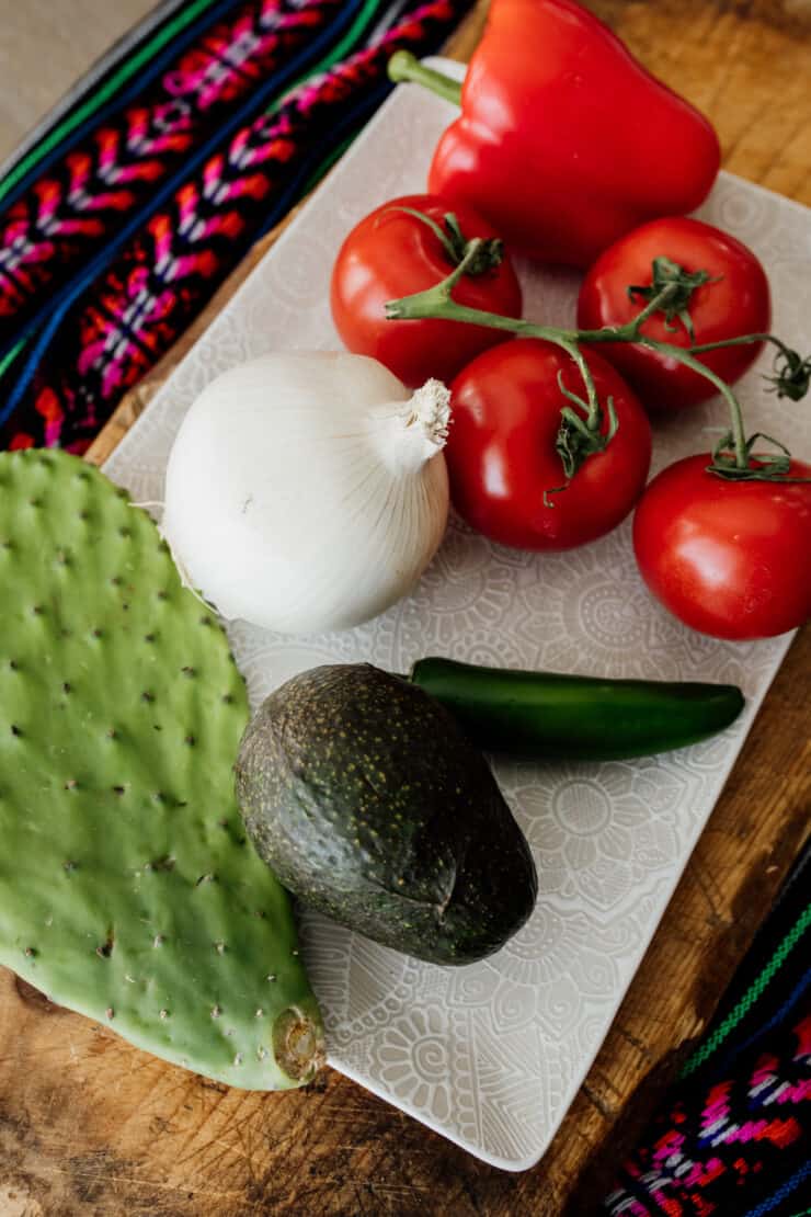 nopal pad, avocado, onion, jalapeno, tomatoes and bell pepper on white plate - color of Mexican flag