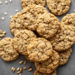 Brown Butter Oatmeal Pine Nut Cookies on a gray background