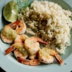 overhead shot of shrimp salsa verde with rice