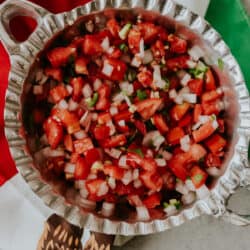 Easy Pico de Gallo recipe with Mexican flag in the background