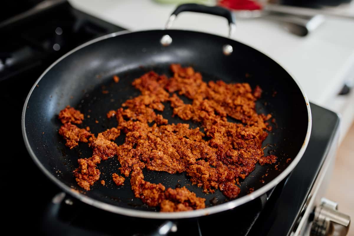 cooked Mexican ground chorizo in a non stick skillet.