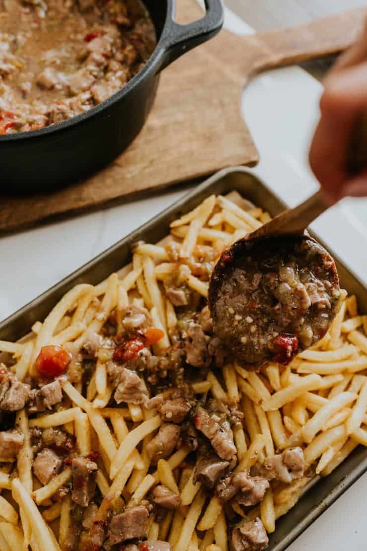 Pork Green Chile Loaded Nacho Fries Muy Bueno