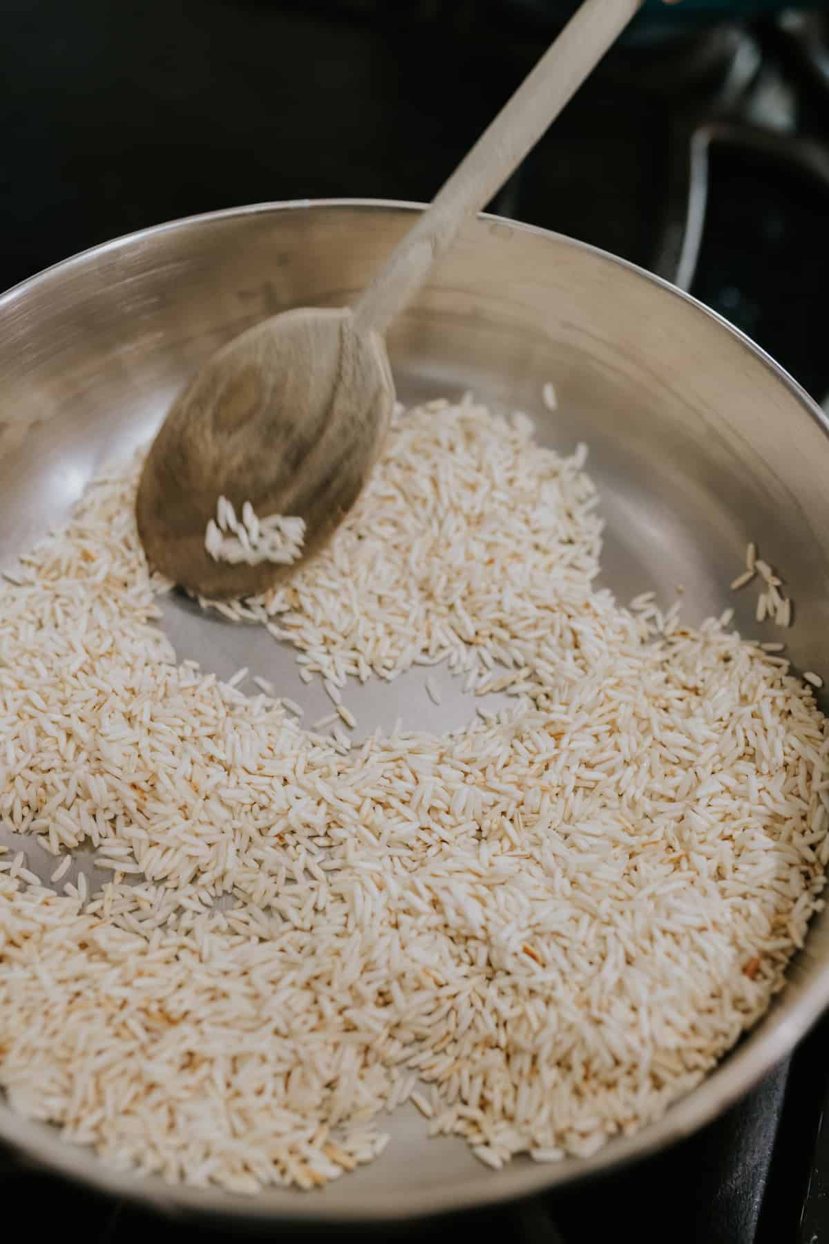 toasting long grain rice in a skillet