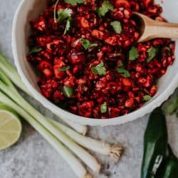 Close-up of a bowl of sweet and spicy cranberry jalapeño relish with a wooden spoon, showcasing the vibrant red cranberries and green jalapeños.