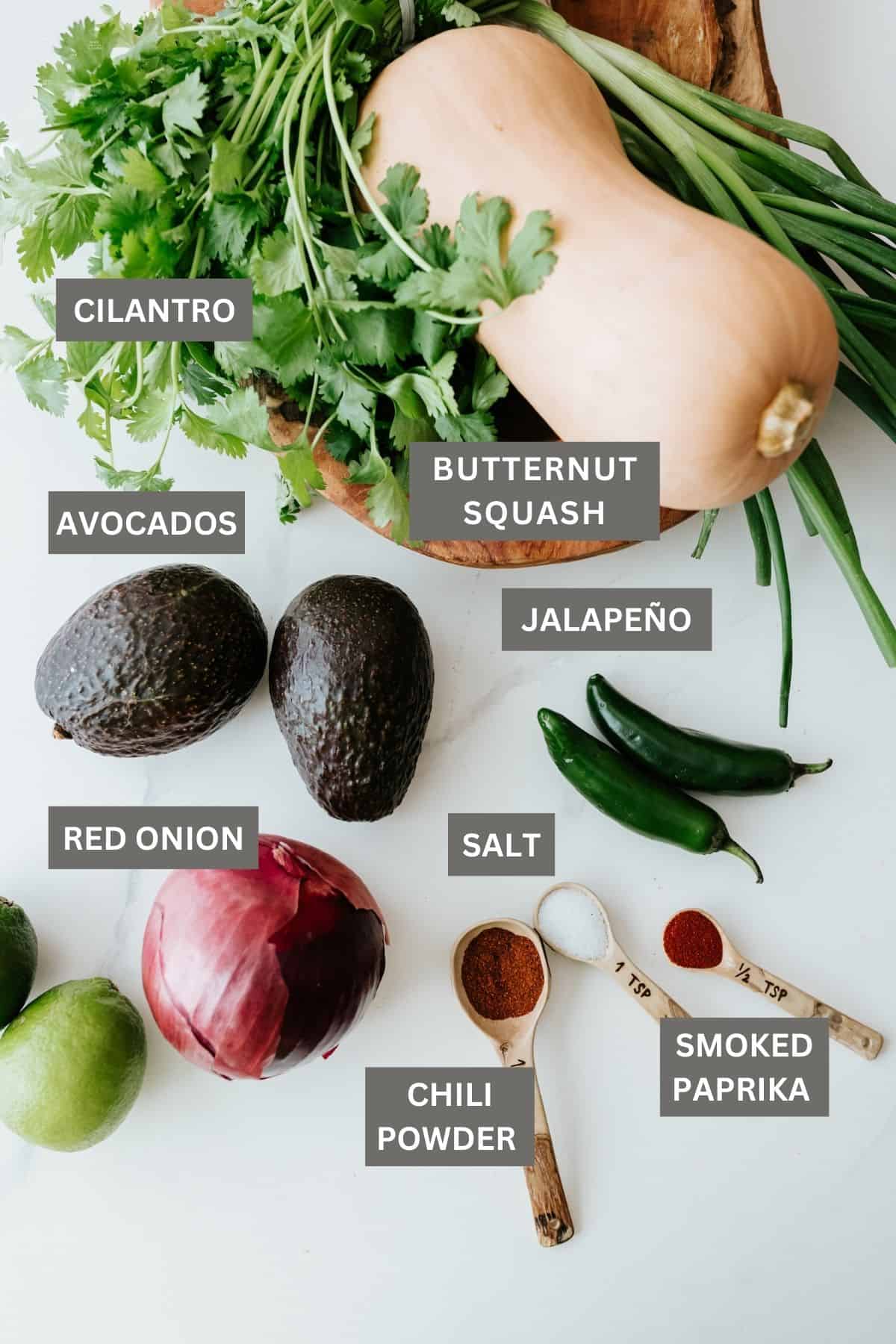whole butternut squash, bunch of cilantro, green onions, avocado, chiles, red onion, lime and spices for making butternut squash tacos laid out on a table.