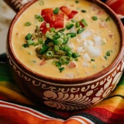 tex mex style chile con queso in a brown bowl with a serving handle.