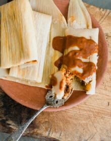 two wrapped chicken mole tamales and one unwrapped tamale doused in extra mole sauce on an earthenware plate.