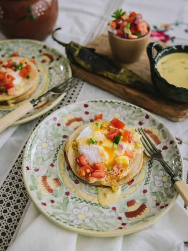 chile verde eggs benedict served with homemade chile hollandaise