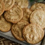 rectangular fluted silver tray with caramelized white chocolate chip cookies.