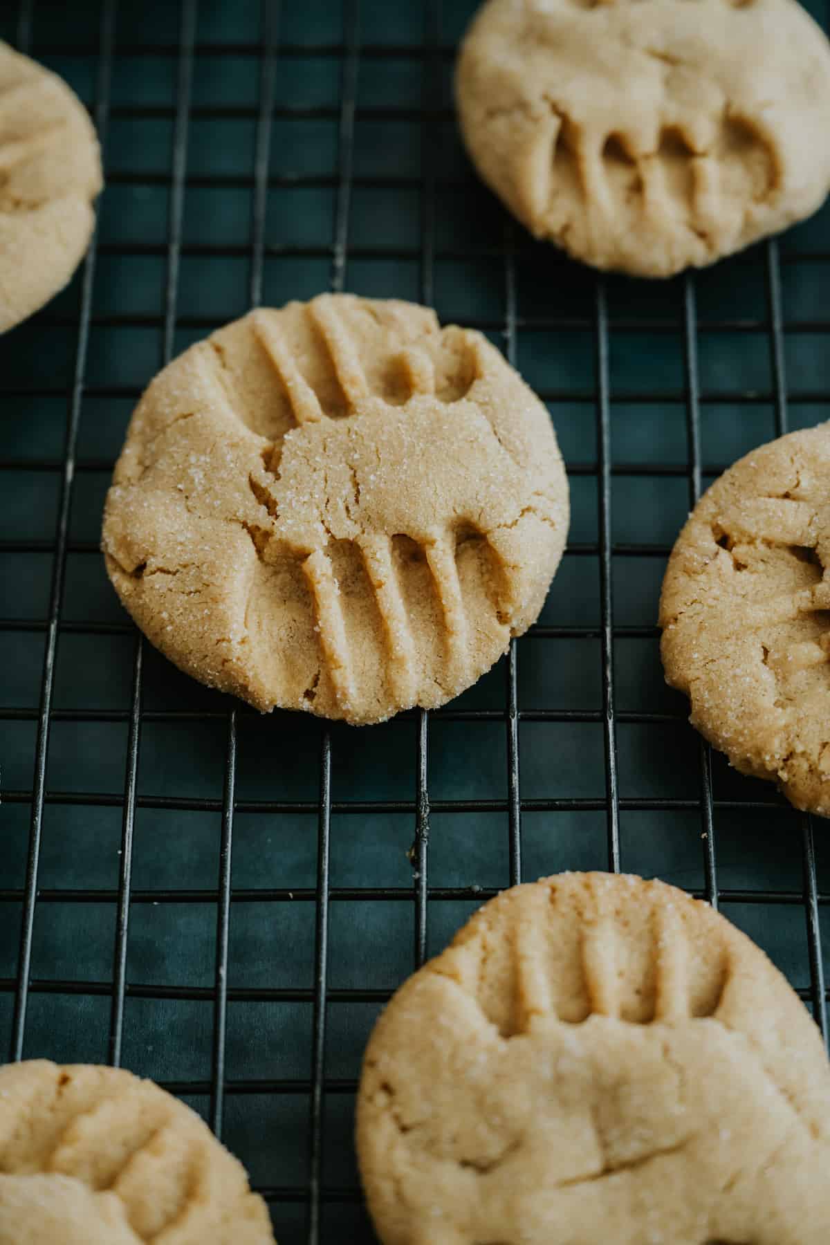 baked peanut butter cookies cooling on a rack before adding cajeta.