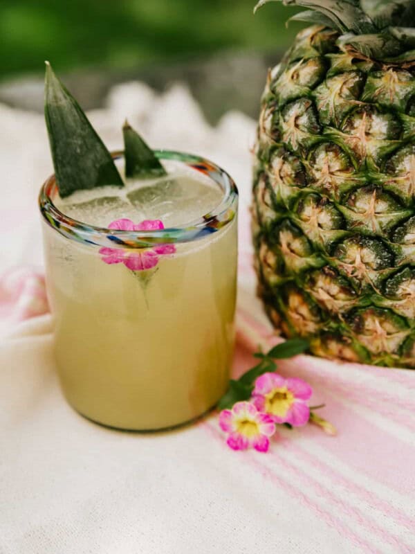 glass of tequila pineapple spritzer on a picnic blanket next to a whole pineapple.